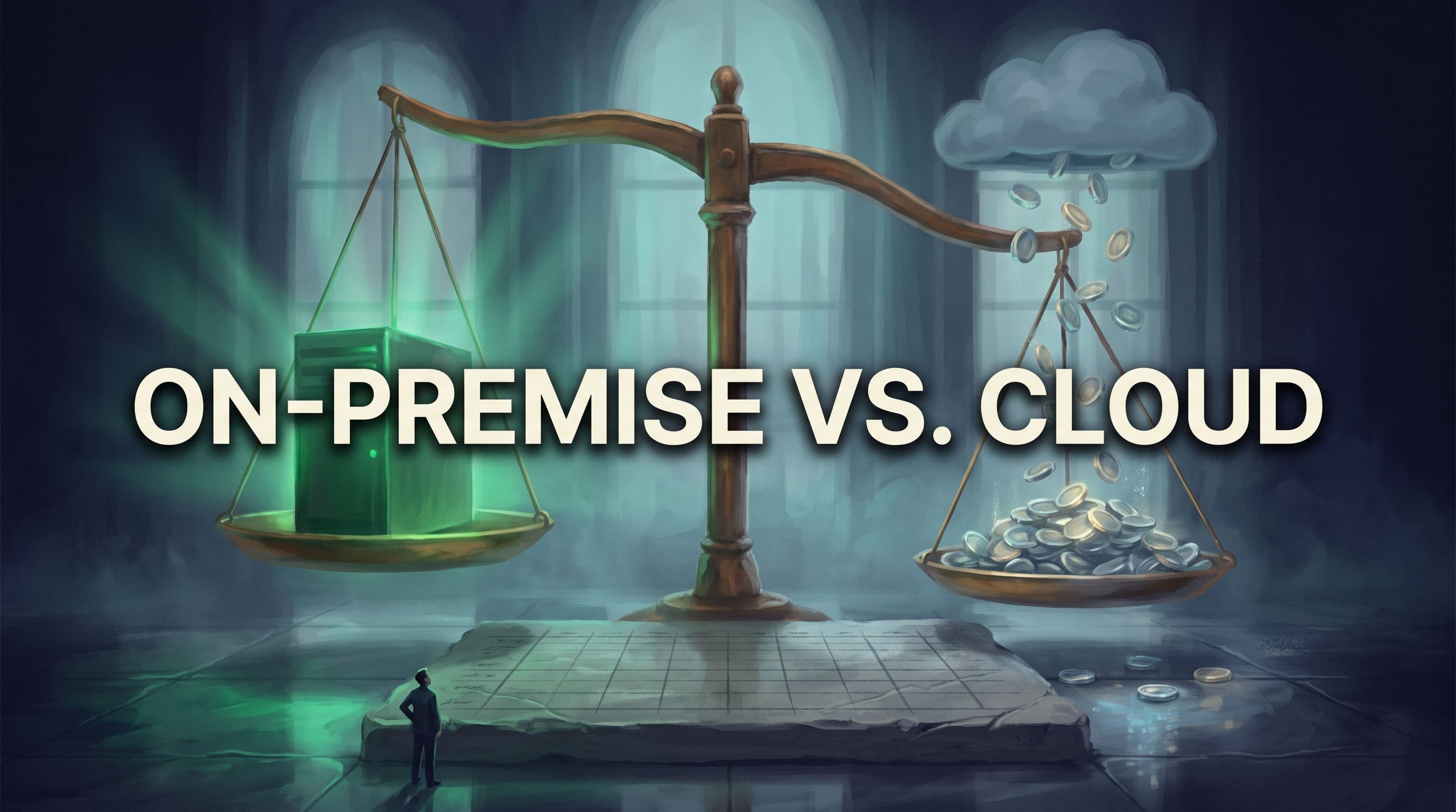 On-Premise vs. Cloud-LLM im TCO-Vergleich: eine Waage wiegt eigenes GPU-Rack gegen Cloud-Token-Kosten