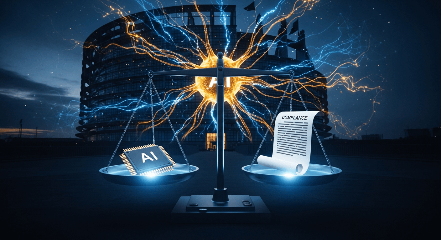 EU AI Act: Holographic AI patterns at the European Parliament — regulation meets technology