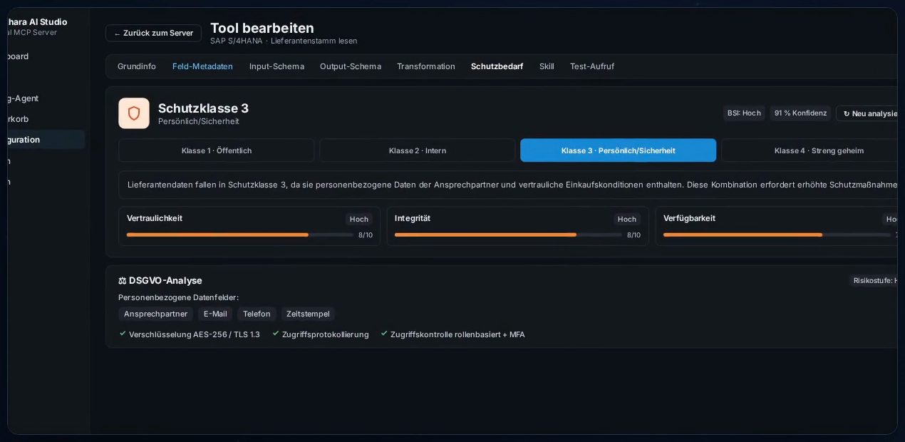 Schutzbedarf eines SAP-Werkzeugs: Schutzklasse 3 „Persönlich/Sicherheit" mit Bewertung von Vertraulichkeit, Integrität und Verfügbarkeit und einer DSGVO-Analyse